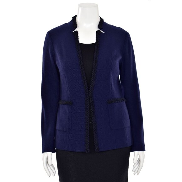 St. John Knits Deep V-Neck Jacket w/ Knit Trim in Navy/Black sz 12 - Picture 1 of 7